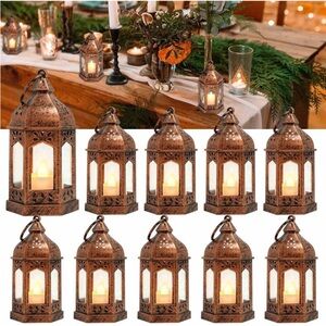 Set of 8 lanterns copper with candles that light up.
